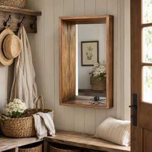 Rustic <b>Rectangular</b> Solid Wood Shadow Box Wall <b>Mirror</b> Deep Recessed Timber Frame Entryway Storage Ledge <b>Mirror</b> Decor Artwork Unit - Product Image 1