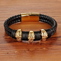 Bracelet en cuir véritable noir double couche pour jeune homme, motif crâne X, en acier inoxydable personnalisé, style streetwear, vente en gros