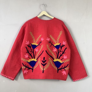 Handmade Embroidered Red Suzani Jacket – Boho Floral <b>Coat</b> with Buttons, Festival Outerwear - Product Image 1