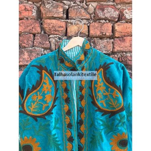 Embroidered Velvet Blazer Women's Mandarin Collar Full <b>Sleeve</b> Autumn Floral Paisley Design Single Button <b>Short</b> <b>Jacket</b> - Product Image 4