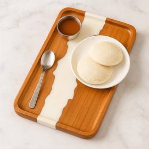 Acacia Wood & Resin Serving <b>Tray</b> with Cup Holder | Luxury Wooden <b>Breakfast</b> <b>Tray</b> with Handle for Coffee & Snacks - Product Image 1