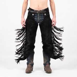 Men's Genuine Leather Western <b>Chaps</b> High Rise Regular Fit With Fringe Buckle Closure For <b>Riding</b> - Product Image 2