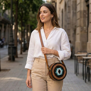 Sac à bandoulière rond en cuir Western Cowgirl pour femmes, fabriqué à la main |   Sac à bandoulière circulaire fait main en tissu turquoise style aztèque - Product Image 3
