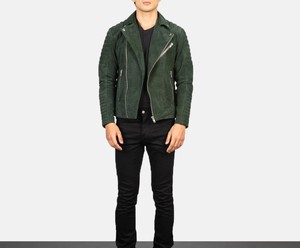 Men's Green <b>Suede</b> Moto <b>Jacket</b> Zipper Closure Turn-down Collar Slim Fit Autumn Style Regular Length - Product Image 2