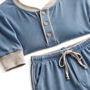 Ensemble de pyjama pour homme bleu foncé à manches longues avec bordure grise, tricot doux 100% coton, décontracté, lavable en machine, 2 pièces - Product Image 5