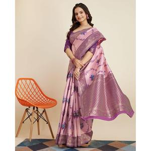 TRENDING KANJIVARAM SEDA JACQUARD TRABAJO SAREE CON BLUSA DESCOSTIRADA BEBÉ ROSA - Product Image 1