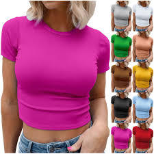 T-shirt court en jersey uni pour femme, été, 180 g/m², col rond, en spandex, doux, respirant et teint uni, style décontracté - Product Image 5