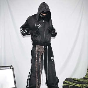 Ensemble survêtement streetwear délavé à l'acide avec logo personnalisé, pantalon de survêtement oversize en coton épais à jambe large et sweat à capuche zippé - Product Image 4