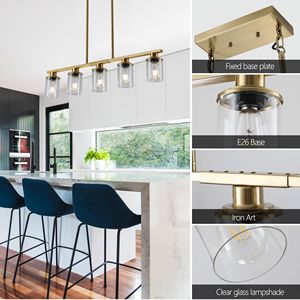 Lampadario Moderno Industriale a 5 Luci da 37 Pollici con Paralumi in Vetro Trasparente e Struttura in Metallo Dorato, Lampada a Sospensione per Sala da Pranzo - Product Image 4