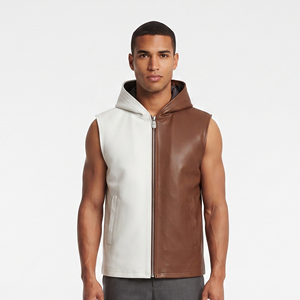 Chaleco de Cuero con Capucha para Hombre con Cremallera, Chaleco de Cuero Premium sin Mangas para Hombre, Sudadera con Capucha de Cuero sin Mangas OEM para Hombre - Product Image 1