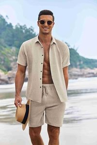 Ensemble chemise et short décontracté pour homme, col rond, beige, manches courtes, imprimé respirant, vêtements d'été légers, coupe classique - Product Image 3