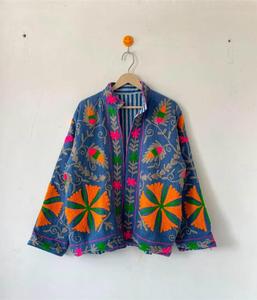 Vintage Blue <b>Velvet</b> Embroidered Suzani <b>Jacket</b> With Floral Pattern Full Sleeve Stand Collar Bohemian <b>Women</b> Winter Outerwear - Product Image 1