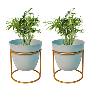 Juego de 2 Macetas Metálicas Azul Claro con Soportes de Hierro, Elegantes Macetas Elevadas para Decoración Interior Moderna, Color Pastel - Product Image 1