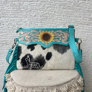 Bolsos de Cuero Vacuno Repujado a Mano de Lujo con Flecos, Diseño de Girasol, Gran Capacidad, Bolso Bandolera para Mujer - Product Image 1