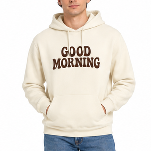 Sweat-shirt classique ivoire pour homme, imprimé Good Morning, coupe classique, style décontracté, avec poche avant - Product Image 1