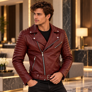 Veste en cuir véritable pour homme, couleur bordeaux, avec ceinture et col à revers, style motard, avec manches matelassées, pour le quotidien et la vente en gros - Product Image 1