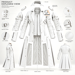 HEMA |   Veste longue en coton pour homme, style punk blanc, fermeture éclair, col zippé, coupe ajustée, imperméable, respirante, écologique, vintage - Product Image 5