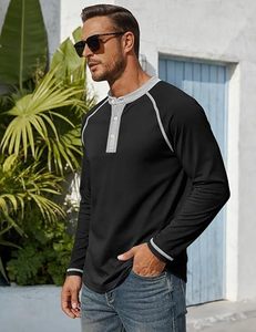 Men's O-Neck Long Sleeve <b>Henley</b> Shirt Contrast Trim Solid Color Casual Knitted 100% Cotton Regular Fit Eco-Friendly Breathable - Product Image 5