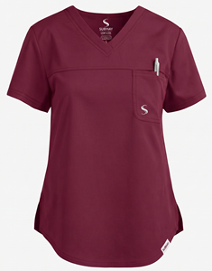 SUBINAY Women's V-Neck Scrub <b>Top</b> <b>Maroon</b> Polyester Woven Hospital Uniform with Front Pocket and Pen Holder - Product Image 1
