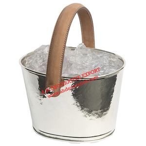Cubo de champán de metal martillado a mano Chapado en plata con mango de cuero para bares, clubes nocturnos, bañera de cubo de hielo de acero inoxidable - Product Image 1