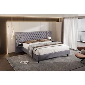 Letto matrimoniale moderno in velluto con testiera e 2 comodini, letto imbottito grigio trapuntato a rombi - Product Image 2