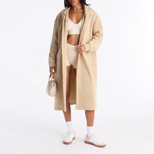 Nouveau style – Manteau long à capuche en coton/polyester pour femme, beige, ouvert sur le devant, épaules tombantes, tricoté, longueur midi, style trench-coat pour femme - Product Image 1
