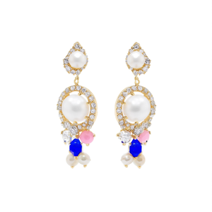 Chandbali Drop <b>Earrings</b> with Pearl <b>Diamond</b> Pink and <b>Blue</b> Stones - Product Image 2