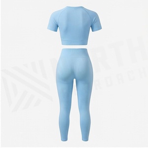 North Approach 2 Piece Yoga Set Light <b>Blue</b> Crop Top Full Length <b>Leggings</b> Seamless Breathable <b>Women's</b> Sportswear - Product Image 2