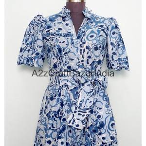 Robe midi trapèze en coton 100 % bio imprimée à la main pour femme, col en V, manches courtes, respirante et confortable pour le bureau - Product Image 5