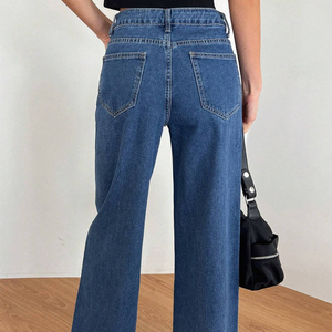 Jeans de Mezclilla de Alta Calidad para Mujer, Pierna Ancha, Azul Índigo, Cintura Alta, Corte Regular, Estilo Urbano, con Agujeros - Product Image 3