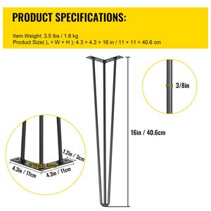 Juego de 4 Patas de Mesa Negras de 16 Pulgadas, Capacidad de Carga de 880 Libras (220 Libras Cada Una), Patas de Escritorio, 3 Varillas, Muebles para Mesa de Comedor - Product Image 2