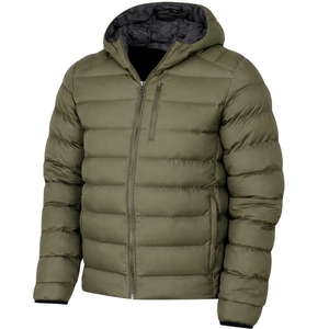 Manteau d'hiver pour homme en duvet vert olive à capuche, coupe classique, fermeture éclair, style décontracté, couleur unie, extérieur en polyester, épais et chaud - Product Image 1