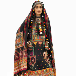 Nouvelles arrivées : robe afghane Kuchi pour femmes, élégante, à volants en dentelle, appliqués brodés, coupe ajustée, manches longues. - Product Image 1