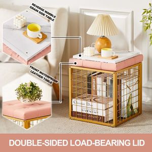 Pouf Contenitore in Rete di Ferro da 55L, Poggiapiedi in Ecopelle Dorata per Camera da Letto e Soggiorno, Sgabello e Pouf Multiuso - Product Image 2