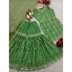 Top de soirée brodé de créateur-Sarara et Dupatta avec séquence pour robes de bal - Product Image 1