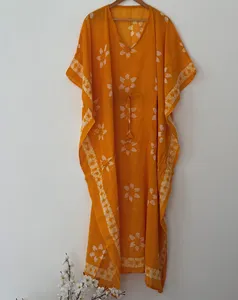 Caftán Maxi de Algodón con Estampado Floral Étnico, Color Naranja, Estilo Boho, Cuello en V, para Playa o Resort de Verano - Product Image 3