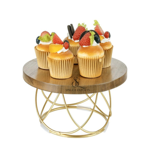 Elegant Wooden Cake <b>Stand</b> With Gold Metal Wire Curved Base. Tabletop Display Round Shape <b>Cupcake</b> <b>Stand</b> For Parties & Cafes - Product Image 2