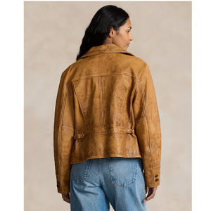 <b>Women's</b> <b>Vintage</b> Distressed Genuine <b>Leather</b> Solid Front <b>Jacket</b> Moto Biker Style Turn-down Collar Zipper Closure Winter Cotton - Product Image 4