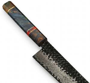 Couteau de chef japonais artisanal en acier Damas, finition martelée, manche octogonal en résine, outil culinaire - Product Image 4