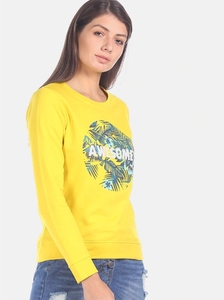 เสื้อสเวตเชิ้ตคอกลมแขนยาวสีเหลืองสำหรับผู้หญิงพร้อมลายพิมพ์ดอกไม้เขตร้อนและดีไซน์ตัวอักษร "Awesome" สำหรับใส่ลำลองในฤดูร้อน - Product Image 3