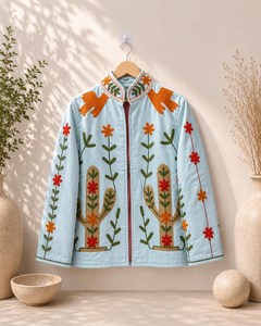 Chaqueta bordada a mano Suzani azul cielo con un toque artístico, estilo terciopelo, abrigo bohemio, ropa de invierno, abrigo corto. - Product Image 1