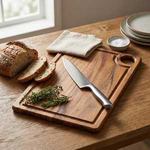 Planche à découper en bois d'acacia avec rainure pour les jus et poignée, plateau de service rustique - Product Image 1