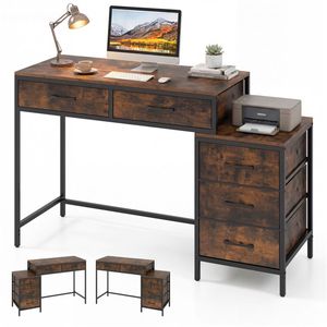 Industrial Home Office Writing <b>Desk</b> 5 <b>Drawer</b> PC <b>Desk</b> with Reversible <b>Drawers</b> and Printer Shelf Metal Frame Rustic Style - Product Image 1