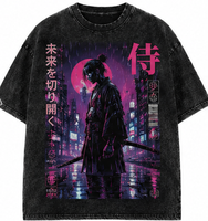 T-shirt Streetwear Anime Personnalisé Oversize Effet Délavé Graphique Manga Japonais Cyber Samurai Masque Oni Vintage Unisexe Coton
