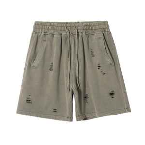 Shorts décontractés gris déchirés en coton pour hommes, taille mi-haute, longueur courte, en tissu tricoté respirant - Product Image 4