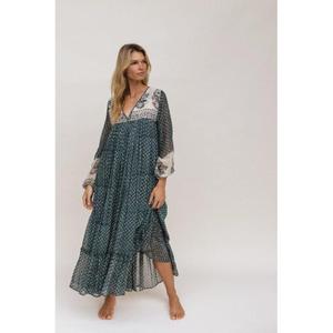 Robe longue bohème à imprimé floral pour femme, col en V, manches bouffantes, coupe classique, 100 % coton, tie-dye, pour l'été et les vacances à la plage - Product Image 1