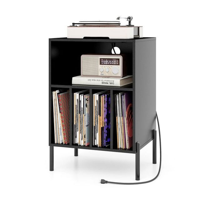 Black Living Room Furniture Record Player Stand with Record Storage Shelf and Charging Station