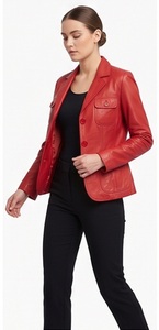 Wholesale Women Red <b>Leather</b> <b>Blazer</b> Slim Fit Four Pocket Suit <b>Jacket</b> Custom Button Up Corporate Outerwear Supplier - Product Image 2