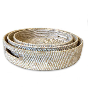 Round White Wash Rattan Bamboo Seagrass Fern Waterhyacinth Trays with Handles Woven <b>Wicker</b> Serving Trays for <b>Storage</b> <b>Basket</b> - Product Image 2