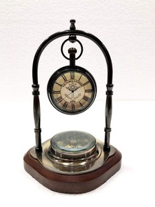 Vintage Antique Brass Nautical <b>Desk</b> Table <b>Clock</b> with Compass Wooden Base Top London Style Decorative Home Office Timepiece - Product Image 5
